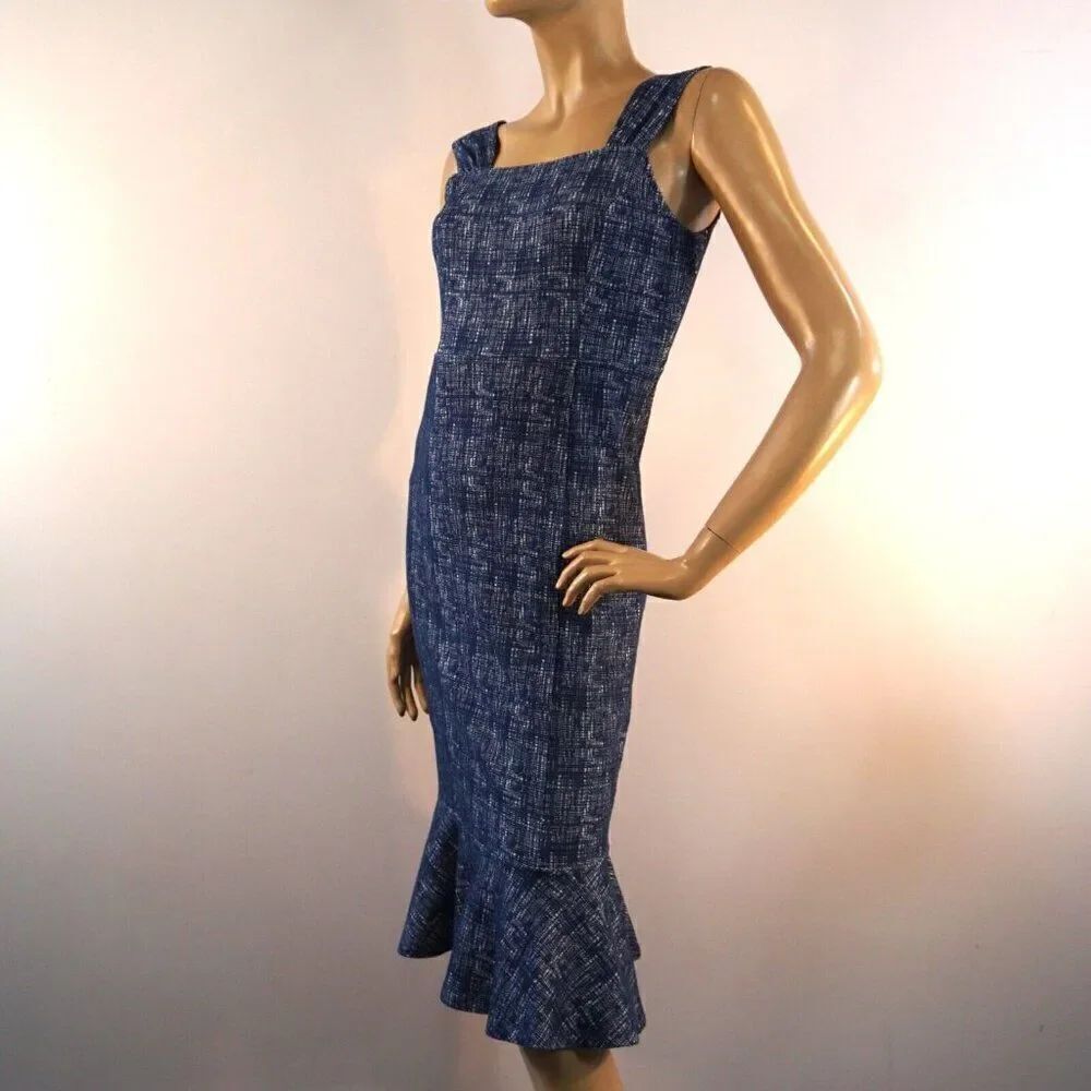 Sugar Lips Dress Sz S Square Neck Sleeveless Ruffle Hem Knee Length Tweed Patern
